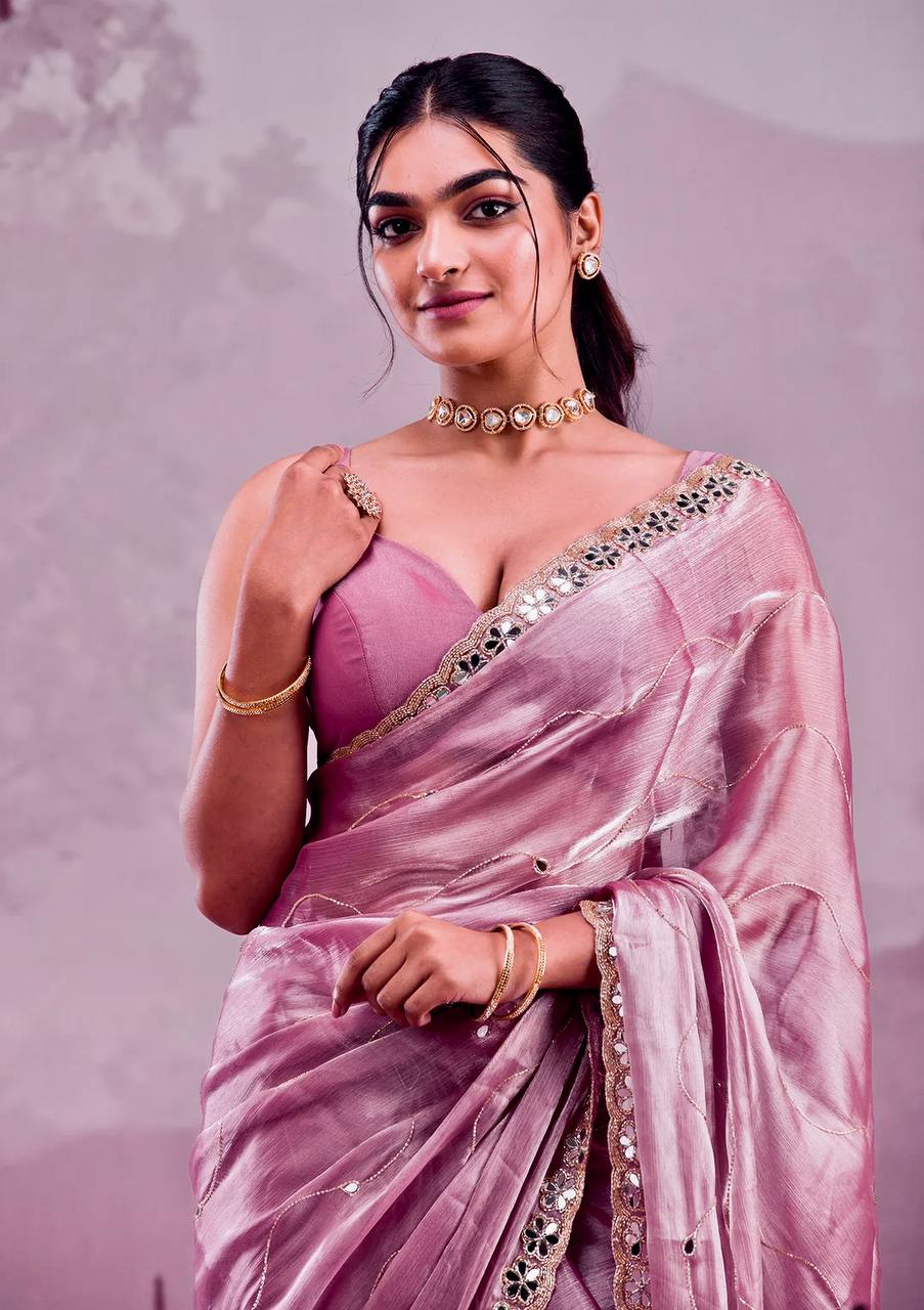 Baby Pink Premium Hand Mirror Work Saree