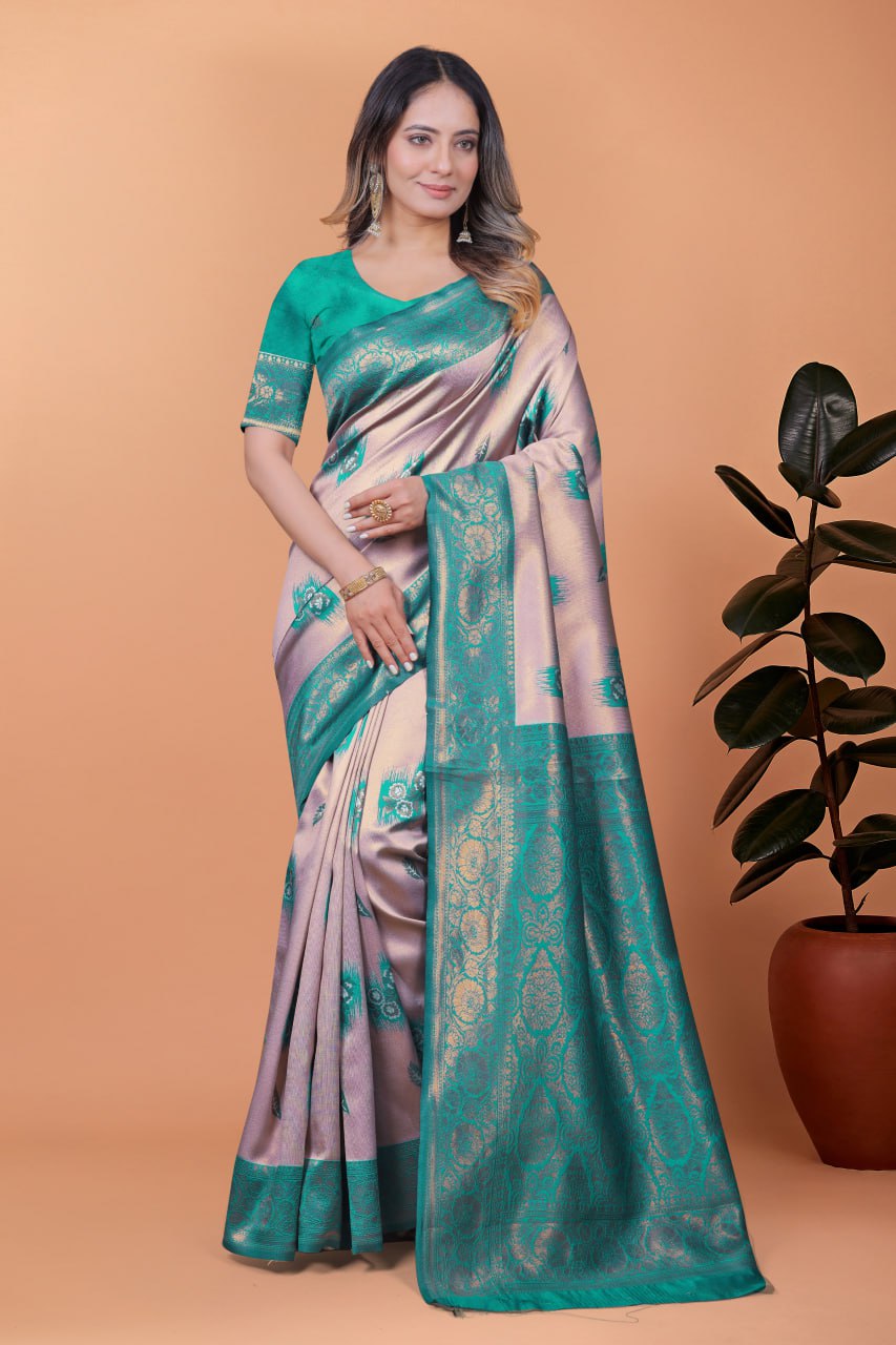 Light Lavender & Teal Green Banarasi Silk Saree