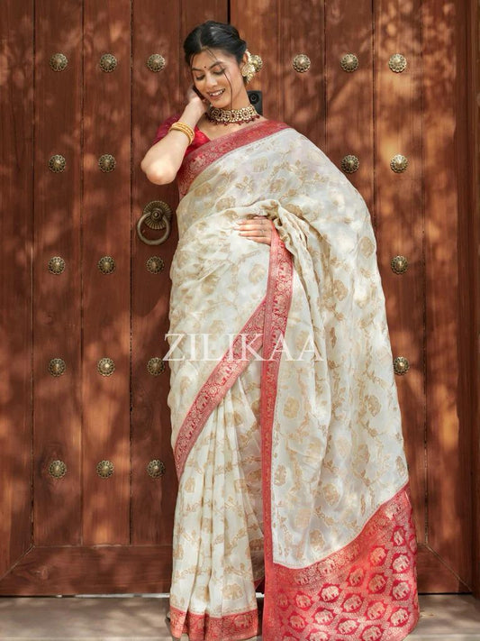 Ivory Munga Soft Silk Saree