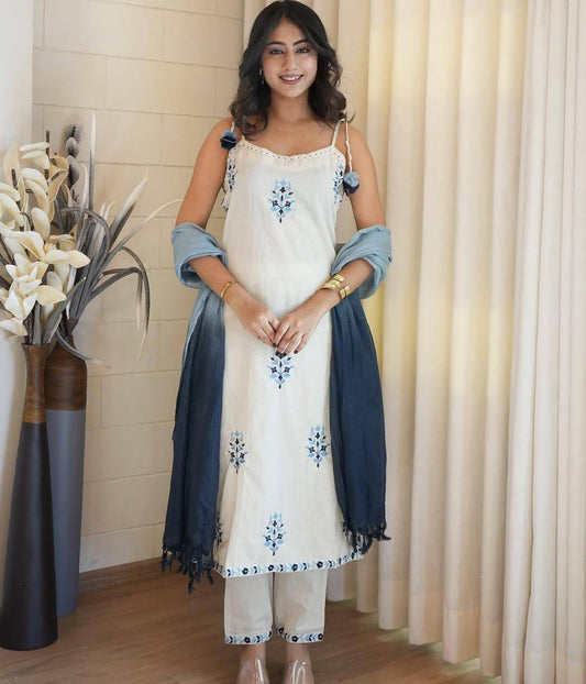 Designer Traditional, Fashtivel, Office Wear Look Pur Kora Khadi Cotton Spaghetti Top & Pant With Dupatta set