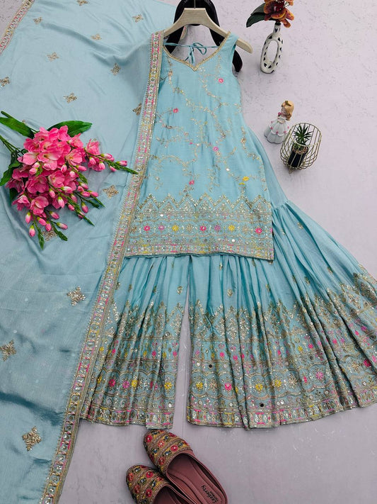Sky Blue Heavy Launching  Designer Party Wear Look Gown