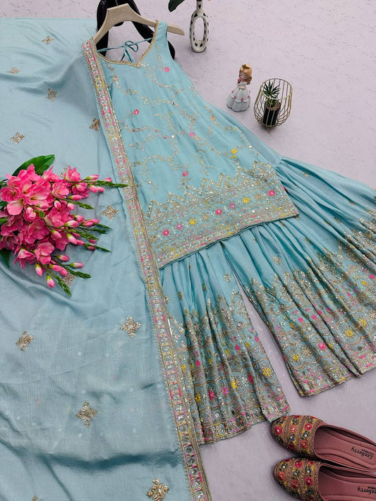 Sky Blue Heavy Launching  Designer Party Wear Look Gown