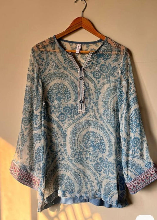 Sky Blue Printed Party Wear Look Pur Sifon Georgette Top & Farshi Palazzo With Dupatta set