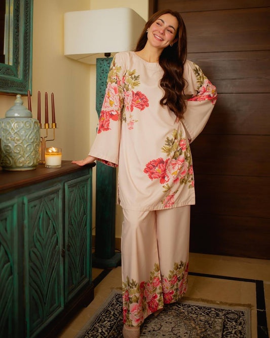 Pink Flower Printed Party Wear Look Pur Natural Crepe Top & plazzo Co-ords Set