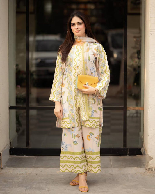 Green & Crem Party Wear Look Pur Natural Crepe Top & plazzo Co-ords Set