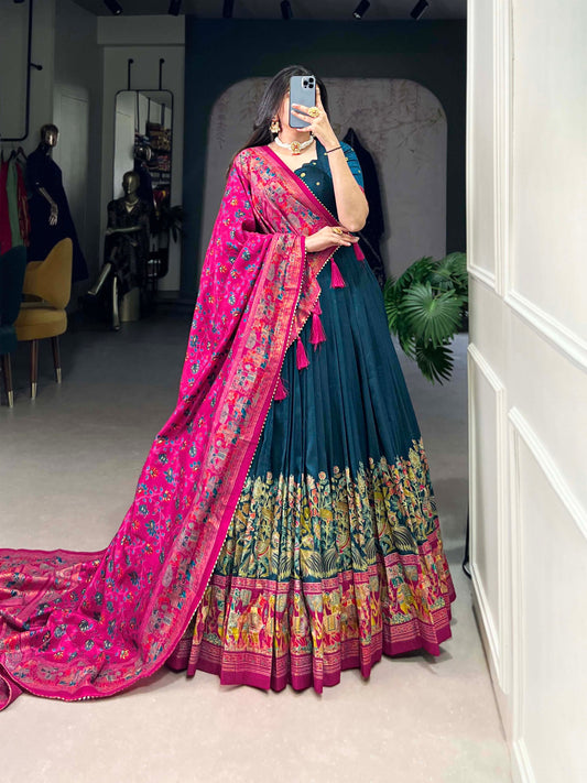 Pink & Blue Silk Lehenga Choli with Intricate Print and Dupatta