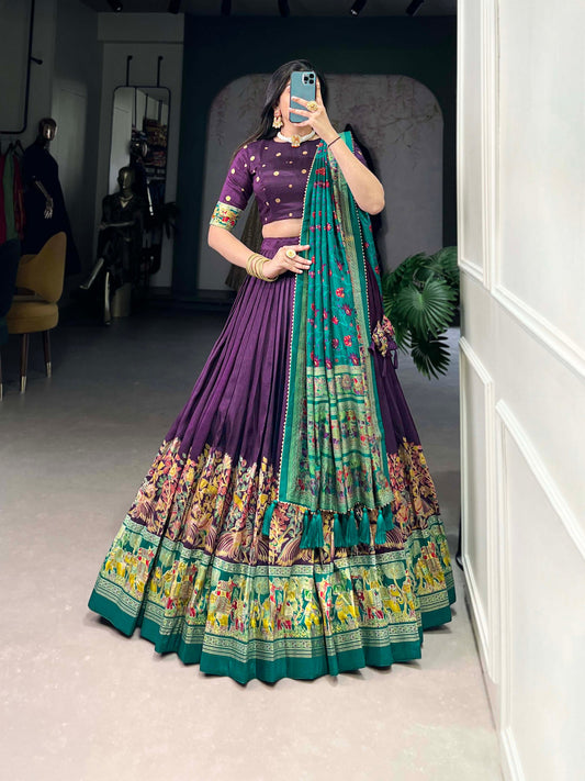 Wine & Green Silk Lehenga Choli with Intricate Print and Dupatta