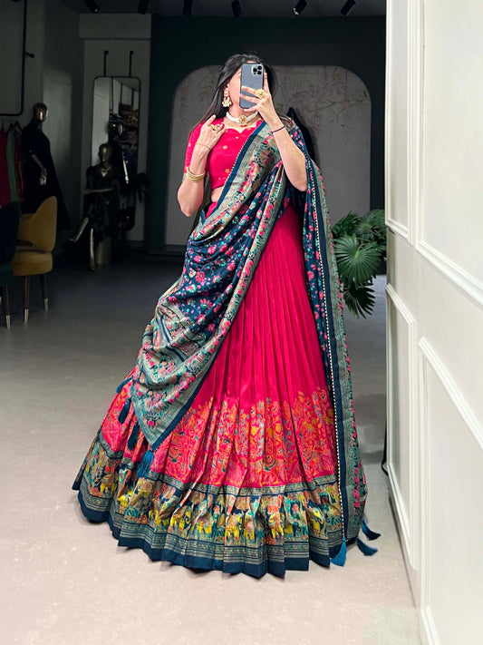 Red & Blue Silk Lehenga Choli with Intricate Print and Dupatta