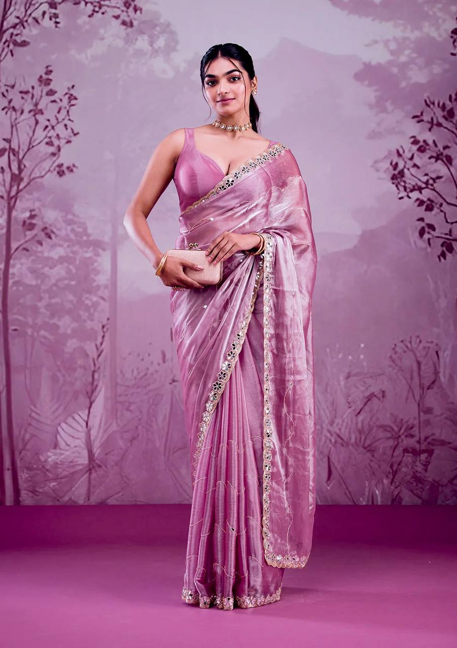 Baby Pink Premium Hand Mirror Work Saree
