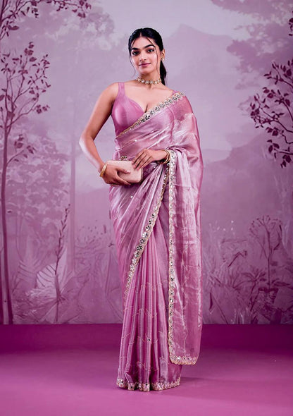 Baby Pink Premium Hand Mirror Work Saree