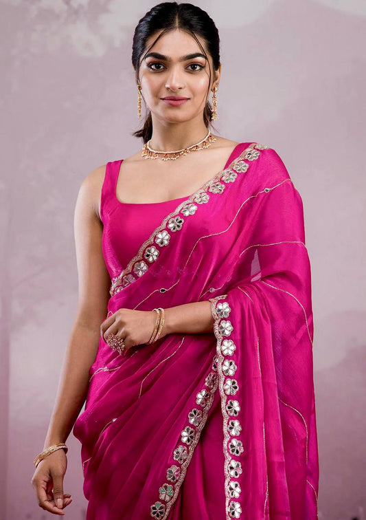 Pink Premium Hand Mirror Work Saree