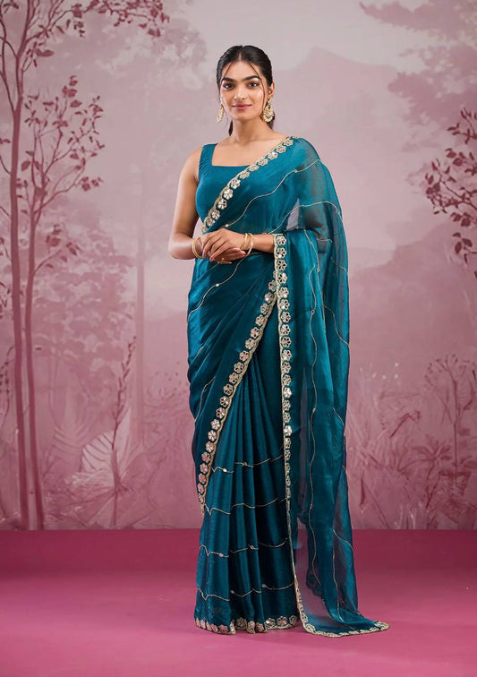 Navy Blue Premium Hand Mirror Work Saree