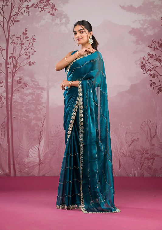 Navy Blue Premium Hand Mirror Work Saree