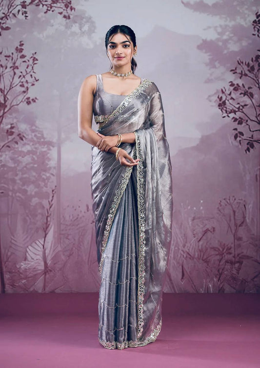 Gray Premium Hand Mirror Work Saree