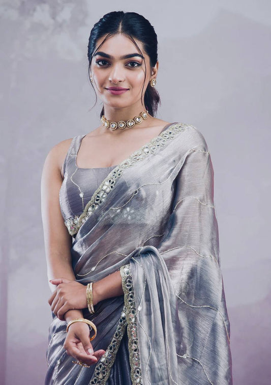 Gray Premium Hand Mirror Work Saree