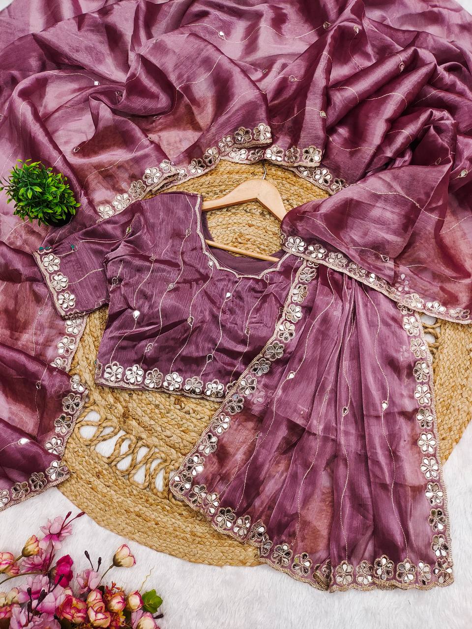 Baby Pink Premium Hand Mirror Work Saree