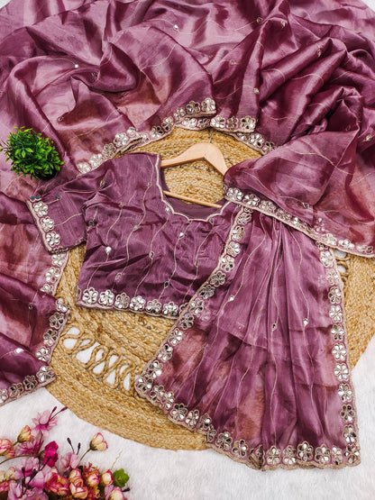 Baby Pink Premium Hand Mirror Work Saree