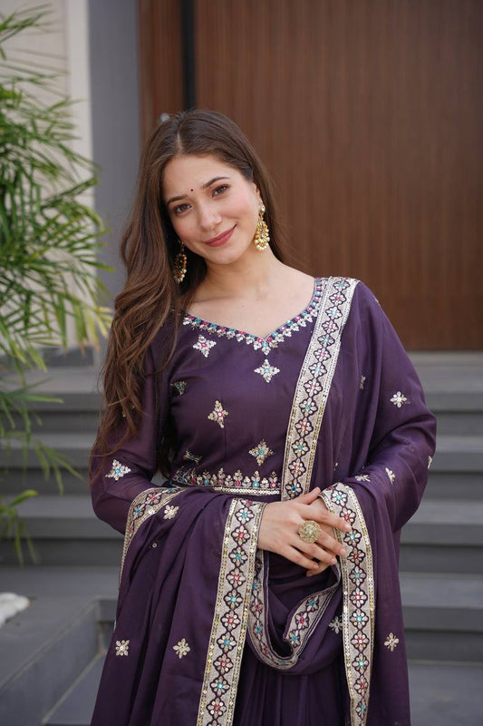 Wine Heavy Diamond Silk & Embroidery Threads & Sequins Work Gown