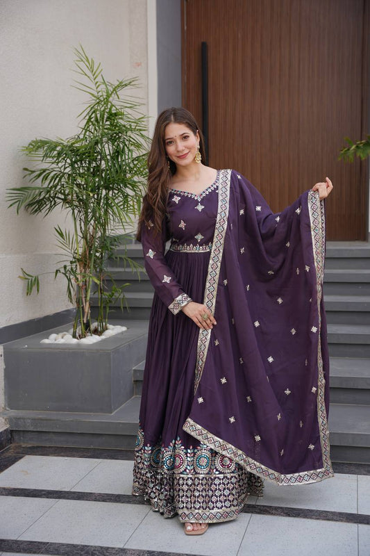 Wine Heavy Diamond Silk & Embroidery Threads & Sequins Work Gown