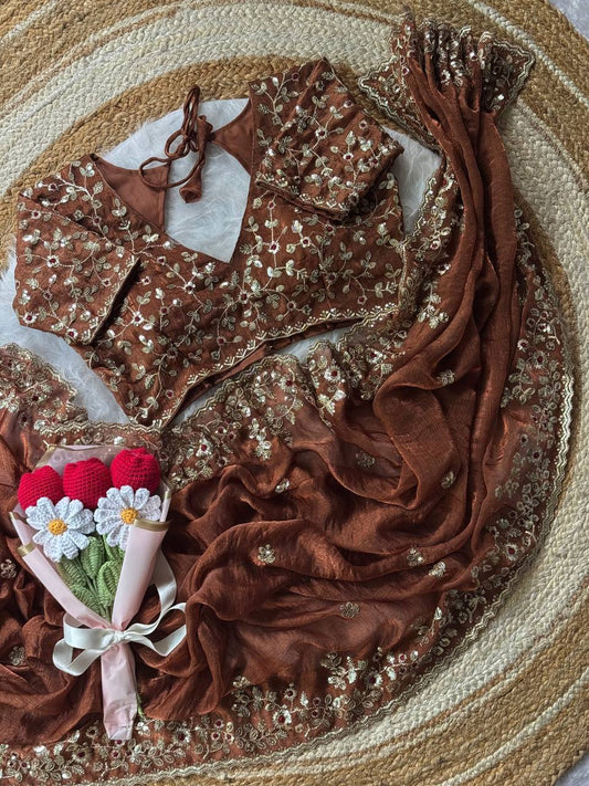 Brown Fendy Chiffon Arco Cut Work Saree