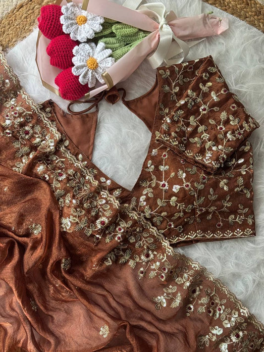 Brown Fendy Chiffon Arco Cut Work Saree