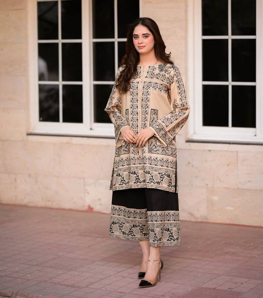 Crem & Black Flower Printed Party Wear Look Pur Natural Crepe Top & plazzo Co-ords Set