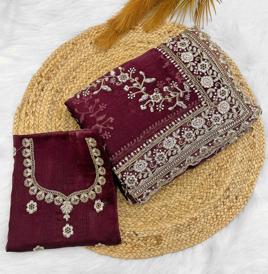 Maroon Patty Wear Launching Designer saree jimmy Choo Fabric With Gilitor Dori embroidery work Hand daimond