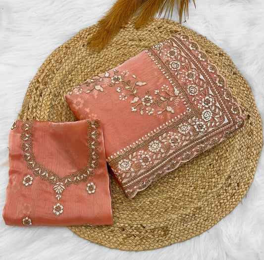 Peach Patty Wear Launching Designer saree jimmy Choo Fabric With Gilitor Dori embroidery work Hand daimond