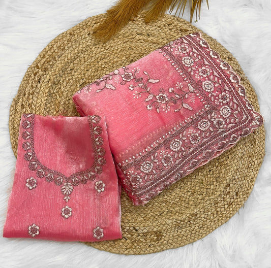 Pink Patty Wear Launching Designer saree jimmy Choo Fabric With Gilitor Dori embroidery work Hand daimond
