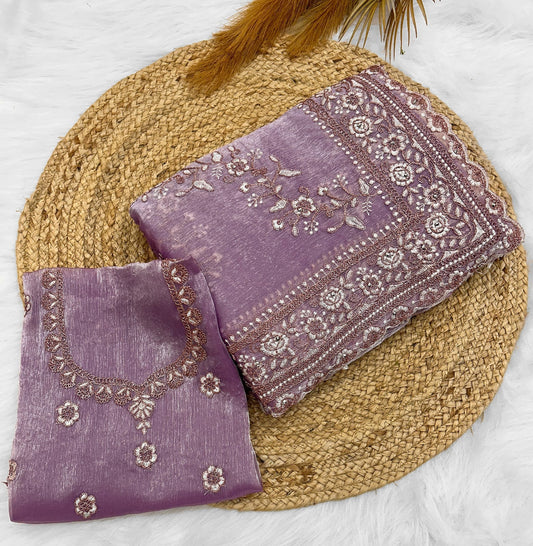 Lavender Patty Wear Launching Designer saree jimmy Choo Fabric With Gilitor Dori embroidery work Hand daimond