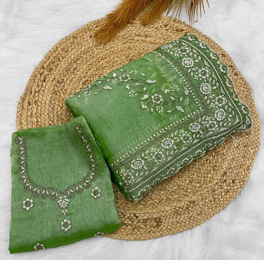 Pista Patty Wear Launching Designer saree jimmy Choo Fabric With Gilitor Dori embroidery work Hand daimond