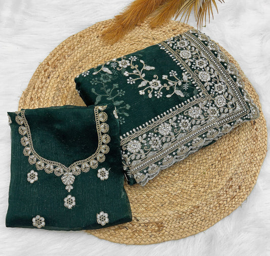 Green Patty Wear Launching Designer saree jimmy Choo Fabric With Gilitor Dori embroidery work Hand daimond