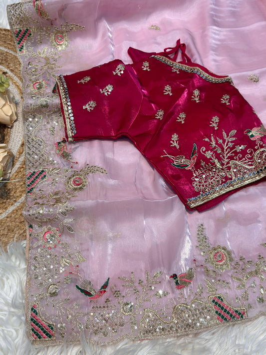 Soft zimmy Choo silk saree with beautiful embroidery