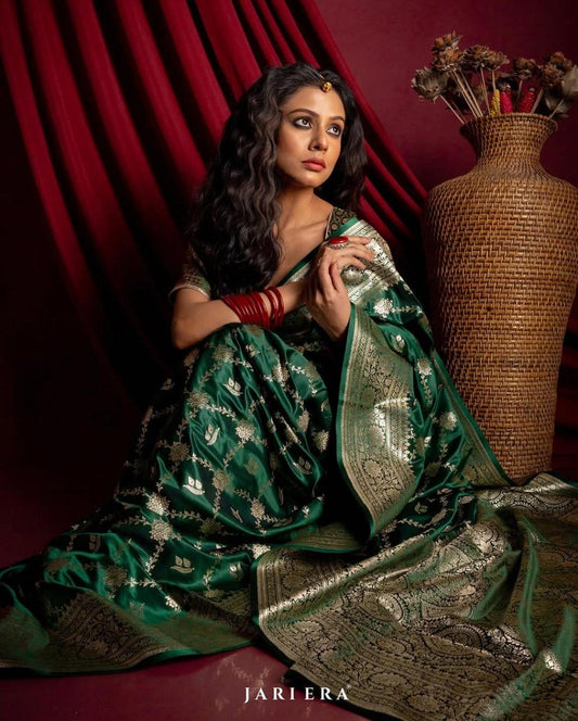 Dark Green Banarasi Soft Silk Saree