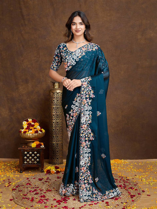 Swastik Embroidery Party Wear Soft Rangoli &nbsp;Silk Saree