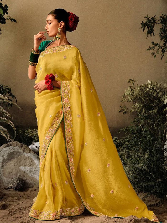 Yellow Embrodery Silk Saree