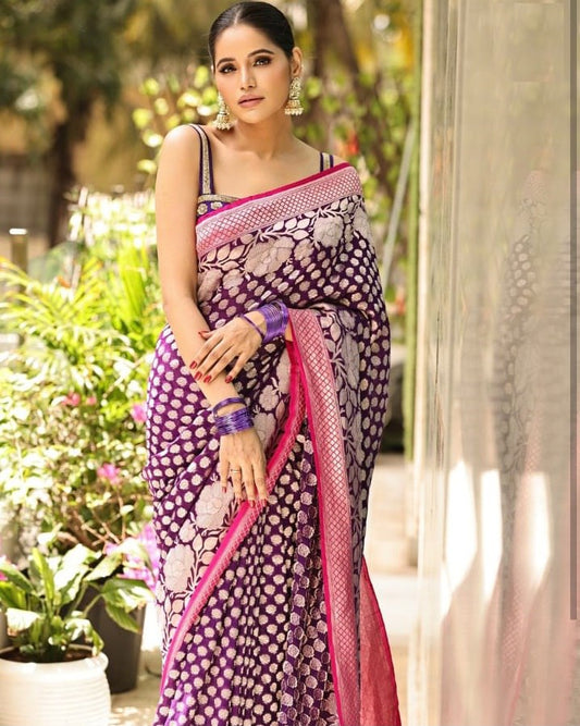 Blue & Crem Banarasi Soft Silk Saree