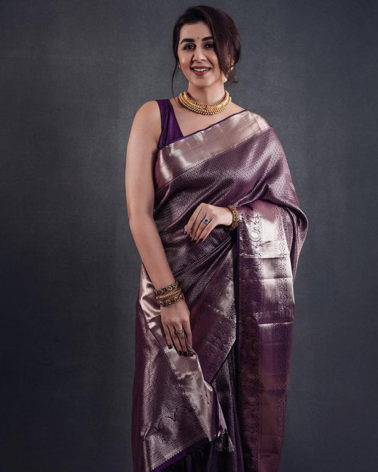 Dark Purple or Shade of Plum Banarasi Soft Silk Saree