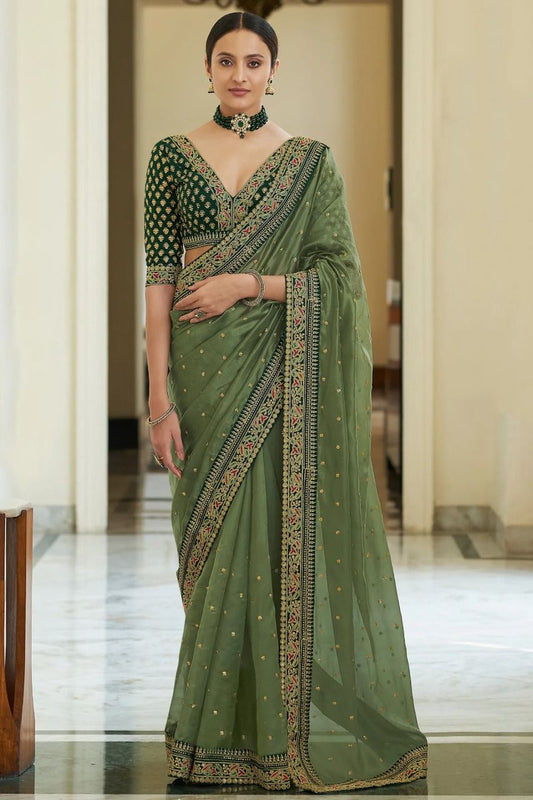 Olive Green Organza Embroidered Saree