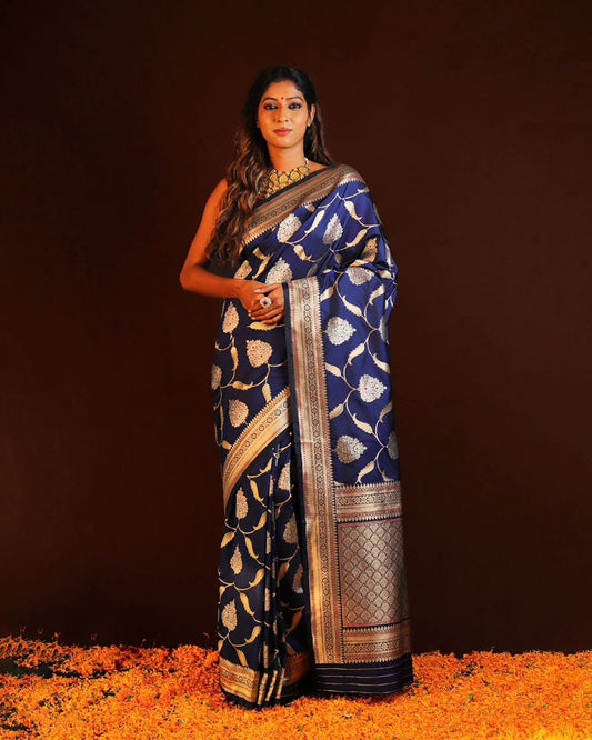 leave Blue Banarasi Soft Silk Saree