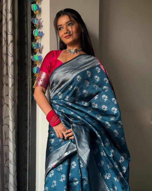 Blue Base With Silver Zari Weaving Banarasi Soft Silk Saree