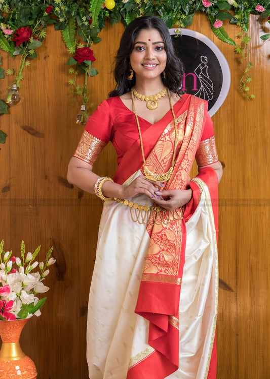 Red & Crem Banarasi Soft Silk Saree